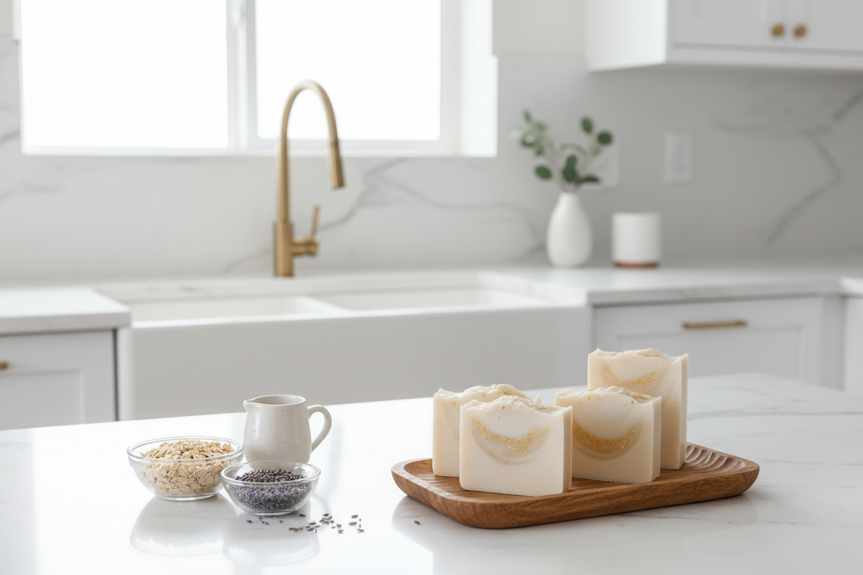 A bright, photorealistic scene of a modern white kitchen with a clean minimalist design and soft natural daylight. On the marble countertop, several handcrafted melt and pour base bars are neatly arranged on a small wooden tray, with sublte gold mica shimmer and natural ingredients like oats, goat milk, and lavender beside them. The background shows blurred white cabinets, a matte gold faucet, and a simple decor, elegant but not cluttered . The soap look fresh, smooth, and premium, reflecting artisanal.