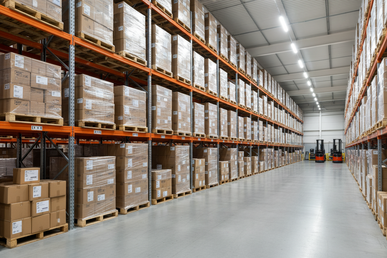 pallets with multiple boxes in a warehouse